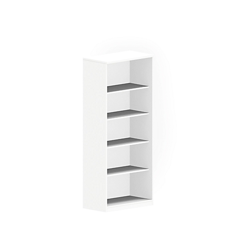 Witte boekenkast met vijf planken tegen een witte achtergrond.